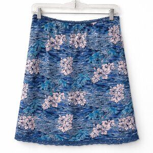 Vintage Y2K Roxy Blue Tropical Hibiscus Lace Trim Modal Skirt Large